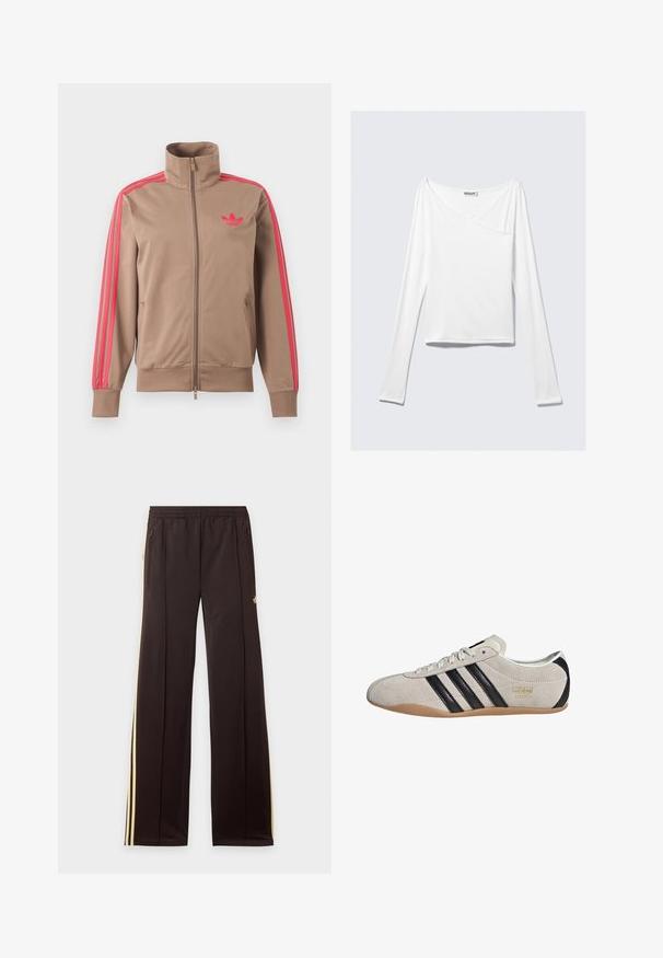 Svetlohnedá športová bunda na zips s vysokým golierom, ružové pruhy na rukávoch a ružové logo Adidas na ľavej strane hrude.; Biela blúzka s dlhým rukávom a prekríženým dizajnom, s vreckom. Vyrobená z hladkej, elastickej látky. Strih v uvoľnenom, voľnom štýle.; Čierne tepláky so žltými bočnými pruhmi, elastickým pásom, bočnými vreckami na zips a malým logom na hornej časti stehna.; Semišové tenisky so šedým zvrškom, čiernymi pruhmi a gumovou podrážkou. Majú šnurovanie a zlatý logový detail na boku.