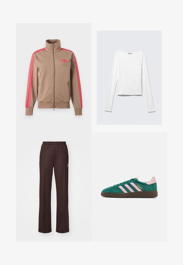 Helepruun lukuga spordijakk kõrge kraega, roosad triibud varrukatel ja roosa Adidas logo vasakul rinnal.; Valge pika varrukaga topp, millel on ristatud disain ja tasku. Valmistatud siledast ja venivast kangast. Lõige on kaunis ja lõdva sobivusega.; Kohvilised spordipüksid elastse vöökohtaga, kahe külgmise taskuga ja väikese logoga vasakul küljel, valmistatud pehmest kangast.; Roheline sametist tennisets, millel on roosad triibud, kreemjad aksessuaare ja tekstureeritud pruun kummitald. Omab paeltega suletud disaini ja kuldset brändimist.