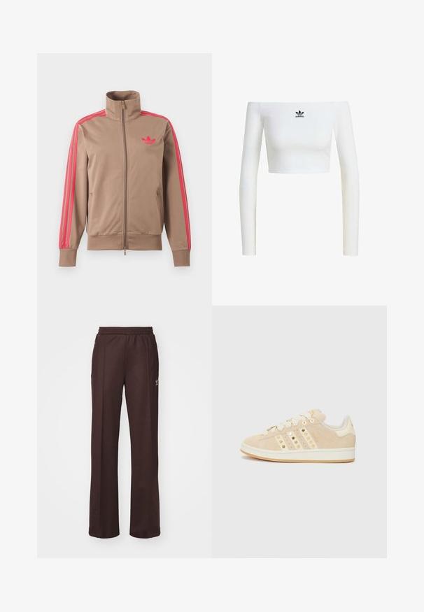 Svetlohnedá športová bunda na zips s vysokým golierom, ružové pruhy na rukávoch a ružové logo Adidas na ľavej strane hrude.; Biela crop top s odhalenými ramenami z rebrovaného materiálu, s dlhými rukávmi a malým čiernym logom Adidas na prednej strane.; Hnedé športové nohavice s elastickým pásom, dvoma bočnými vreckami a malým logom na ľavej strane, vyrobené z mäkkej látky.; adidas Originals CAMPUS 00S W - Tenisky - sand strata/cream white/gold-coloured