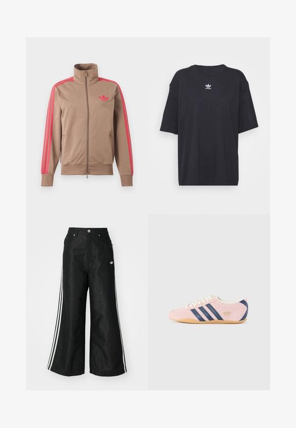 Hellbraune Trainingsjacke mit Reißverschluss und hohem Kragen, pinke Streifen an den Ärmeln und pinkes Adidas-Logo auf der linken Brust.; Schwarzes Baumwoll-T-Shirt mit kurzen Ärmeln, rundem Halsausschnitt, mit einem weißen Adidas-Logo auf der Brust. Einfaches Design, lockere Passform.; Schwarze, weit geschnittene Jeans mit drei weißen Streifen an jeder Seite und einem kleinen weißen Logo. Mit vorderen Taschen und einem Knopfverschluss.; Helle rosa Sneakers aus Wildleder mit marineblauen Streifen und Akzenten. Verfügt über eine hellcremefarbene Zunge und Schnürsenkel sowie eine Sohle aus Gummi.