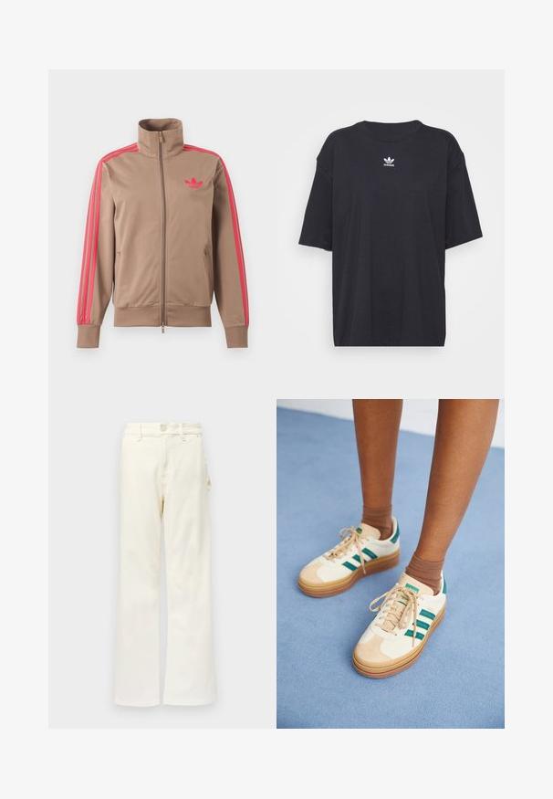 Hellbraune Trainingsjacke mit Reißverschluss und hohem Kragen, pinke Streifen an den Ärmeln und pinkes Adidas-Logo auf der linken Brust.; Schwarzes Baumwoll-T-Shirt mit kurzen Ärmeln, rundem Halsausschnitt, mit einem weißen Adidas-Logo auf der Brust. Einfaches Design, lockere Passform.; Good American GOOD 90S CARPENTER - Wide Leg - white denim; Beige Sneakers mit dunkelgrünen Streifen, Gummisohle, Obermaterial aus Wildleder und Textil sowie neutralen Hardwareteilen, kombiniert mit braunen Socken auf einer hellblauen Oberfläche.