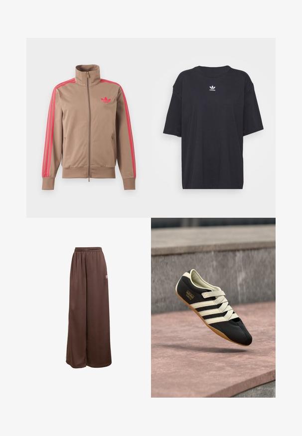 Svetlohnedá športová bunda na zips s vysokým golierom, ružové pruhy na rukávoch a ružové logo Adidas na ľavej strane hrude.; Čierne bavlnené tričko s krátkymi rukávmi, okrúhlym výstrihom, na hrudi s bielym logom Adidas. Jednoduchý dizajn, voľný strih.; adidas Originals Tepláky - auburn cream white; Čierna športová obuv s krémovými pruhmi a šnúrkami, s nízkym profilom, hladkou textúrou a gumovou podrážkou pre lepšiu priľnavosť. Viditeľná značka značky.