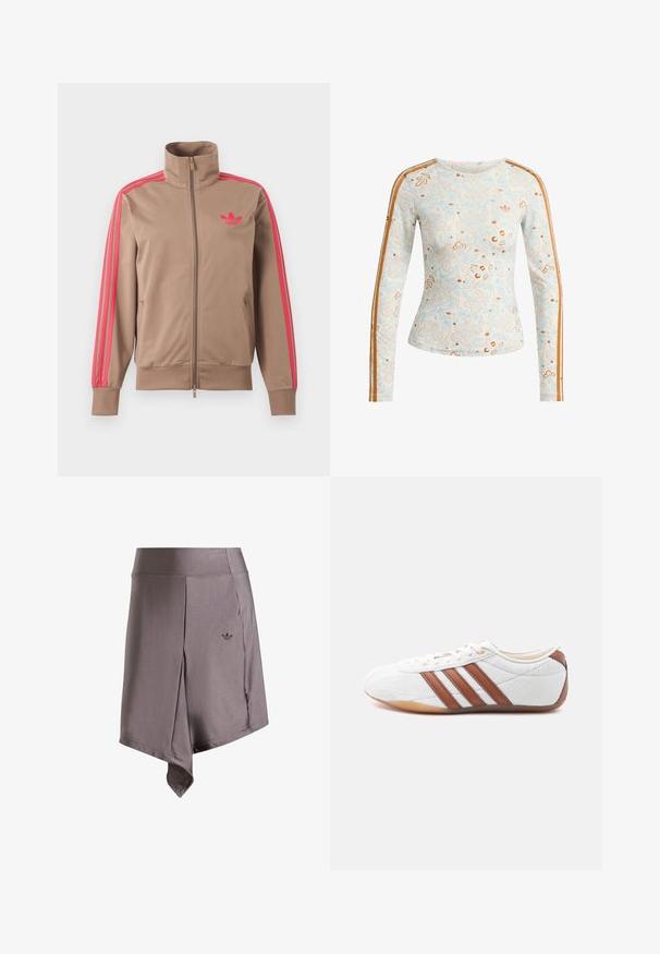 Vaaleanruskea vetoketjullinen urheilutakki, jossa korkea kaulus, vaaleanpunaiset raidat hihoissa ja vaaleanpunainen Adidas-logo vasemmassa rinnassa.; Pitkähihainen istuva paita, jossa on vaaleansinisiä ja ruskeita kukkakuoseja sekä oransseja raitoja hihojen päällä valkoisella pohjalla.; Harmaa urheiluhame, jossa on sileä pinta, hieman epäsymmetrinen helma ja pieni tumma logo etuosassa. Mukana joustava vyötärö.; Valkoinen matala tennarikenkä, jossa ruskeat nahkaraitoja, nauhallinen suljenta ja kuminen pohja, esitettynä sisäpuolelta valkoisella taustalla.