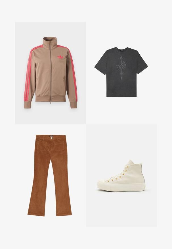 Svetlohnedá športová bunda na zips s vysokým golierom, ružové pruhy na rukávoch a ružové logo Adidas na ľavej strane hrude.; Tmavosivý oversized tričko vyrobené z bavlny, s centrálnou grafikou slnka s prepracovanými líniovými detailmi potlačenými na prednej strane.; Hnedé zamatové zvonové nohavice s ryhovanou textúrou, predným zapínaním na gombík a dvoma zadnými vreckami.; Vysoké tenisky vyrobené z krémovej kože so zlatými očkami a textúrovaným povrchom. Majú gumovú podrážku a zaoblenú špičku.