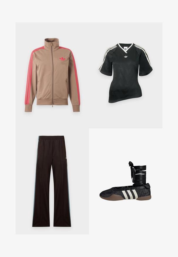 Hellbraune Trainingsjacke mit Reißverschluss und hohem Kragen, pinke Streifen an den Ärmeln und pinkes Adidas-Logo auf der linken Brust.; Schwarzes Sportshirt mit V-Ausschnitt, kurzen Ärmeln und strukturiertem Chevron-Muster. Mit weißen drei-Streifen-Akzenten auf den Schultern und Logo.; Schwarze, weit geschnittene Trainingshose mit hellblauen Seitenstreifen, elastischem Bund, Reißverschlusstaschen und Adidas-Logo an der linken Hüfte.; Schwarzer Ballettschuh mit Blumenmuster, weißem Drei-Streifen-Design und einem Stoffband zum Wickeln um den Knöchel. Strukturiertes Material und eine flexible braune Sohle.