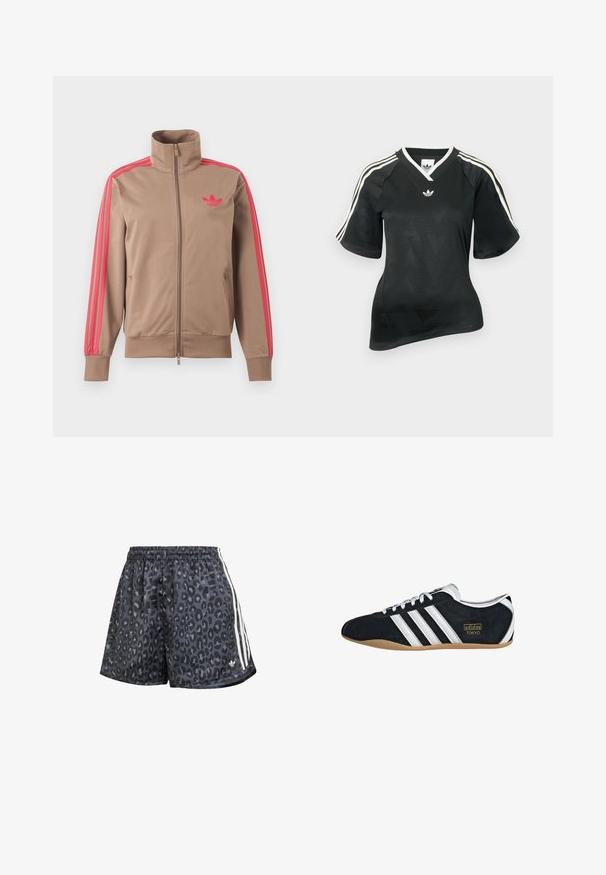 Lichtbruine trackjas met rits en hoge kraag, roze strepen op de mouwen en roze Adidas-logo op de linkerborst.; Zwart sportshirt met V-hals, korte mouwen en een textuur met een chevronpatroon. Voorzien van witte drie-strepen accenten op de schouders en een logo.; Zwarte shorts met een luipaardprint, elastische tailleband en drie witte verticale strepen langs de zijkanten.; Zwarte suède sneaker met witte drie strepen, gouden logo en een bruine rubberen zool. Heeft een laag profiel vetersluiting ontwerp.