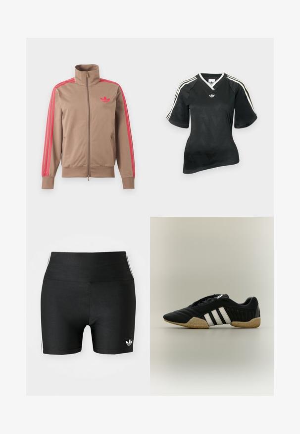 Helepruun lukuga spordijakk kõrge kraega, roosad triibud varrukatel ja roosa Adidas logo vasakul rinnal.; Mustast spordipluusist T-särk V-kaelusega, lühikeste varrukatega ja tekstuurse chevron-mustriga. Õlgadel valged kolme triibu aktsendid ja logo.; Mustad mustad lühikesed püksid venivast kangast kõrge vöökoha ja valgete külje triipudega. Hemmiku ääres on väike valge logo.; Must spordijalats valgete triipude ja beežika tekstuuriga tallaga neutraalsel taustal, nähtud külgprofiilis.