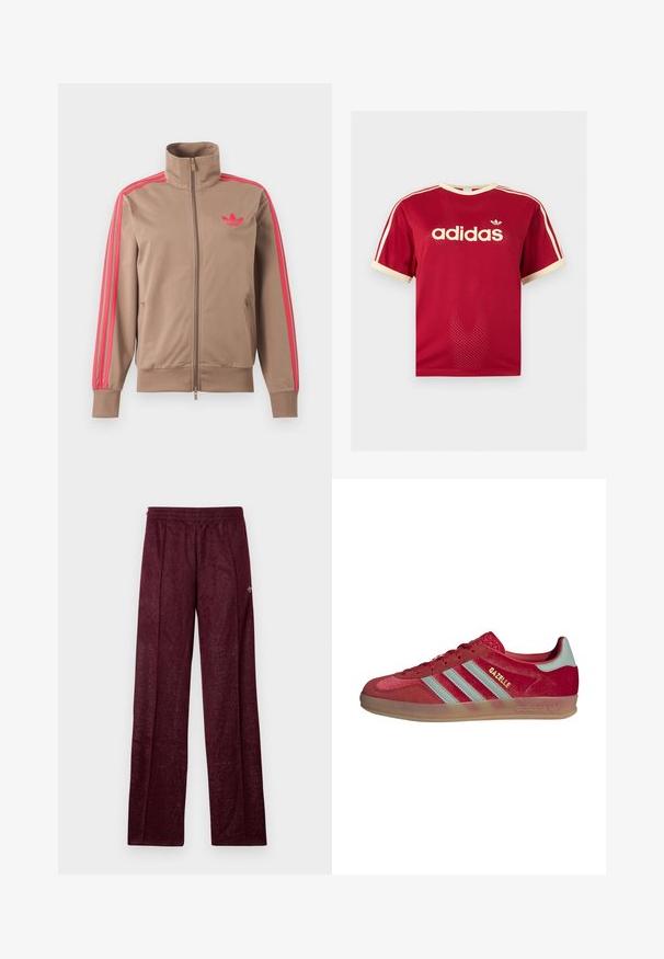 Helepruun lukuga spordijakk kõrge kraega, roosad triibud varrukatel ja roosa Adidas logo vasakul rinnal.; Punane Adidas võrgust meeste särk beeži äärega krae, varrukate ja kolmekordsete triipude juures õlgadel, esiküljel Adidas logo ja tekstiga.; Bordeaux värvi sportlikud püksid, mis on valmistatud tekstureeritud kangast, elasticse vöökoha ja külgõmblustega sirge jala disainiga.; adidas Originals GAZELLE INDOOR - Tossud - better scarlet/hazy green