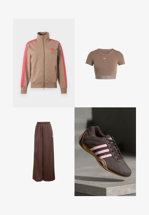 Lichtbruine trackjas met rits en hoge kraag, roze strepen op de mouwen en roze Adidas-logo op de linkerborst.; Bruin geribd crop top met korte mouwen, ronde halslijn en een textuurrand aan de onderkant met een subtiel logopatroon.; adidas Originals Trainingsbroek - auburn cream white; Bruine suède sport schoen met roze strepen en logo, voorzien van een gestructureerde bovenkant, vetersluiting en een gumrubberen zool.
