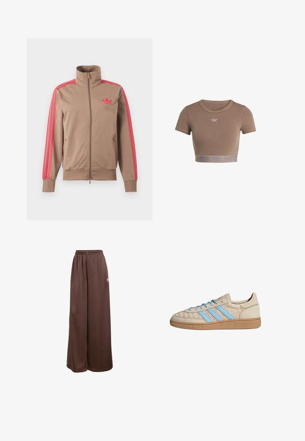 Hellbraune Trainingsjacke mit Reißverschluss und hohem Kragen, pinke Streifen an den Ärmeln und pinkes Adidas-Logo auf der linken Brust.; Braunes, geripptes Crop-Top mit kurzen Ärmeln, rundem Ausschnitt und einem strukturierten Saumband am unteren Rand mit einem dezenten Logomuster.; adidas Originals Jogginghose - auburn cream white; Beige Sneaker mit einem strukturierten Strick-Obermaterial, hellblauen Streifen und brauner Gummisohle. Mit runden Schnürsenkeln und Logodetail an der Seite.