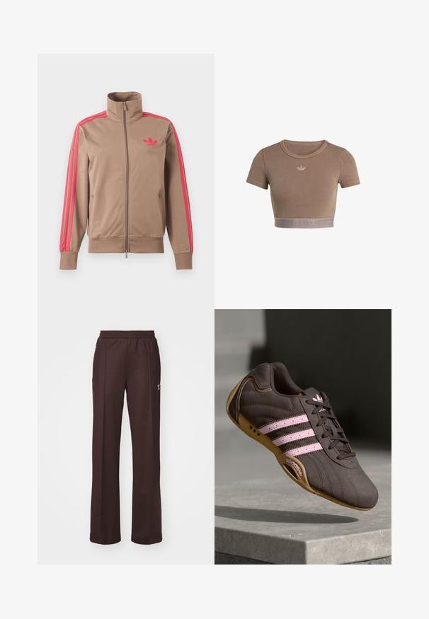 Lysebrun trackjakke med lynlås og høj krave, lyserøde striber ned ad ærmerne og lyserødt Adidas-logo på venstre bryst.; Brun ribstrikket cropped top med korte ærmer, rund halsudskæring og en tekstureret kant forneden med et diskret logo-mønster.; Brune træningsbukser med elastisk talje, to sidelommer og et lille logo på venstre side, lavet af et blødt stof.; Brune ruskind atletik sko med pink striber og logo, med en tekstureret overdel, snørebåndslukning og en gummirubbersål.