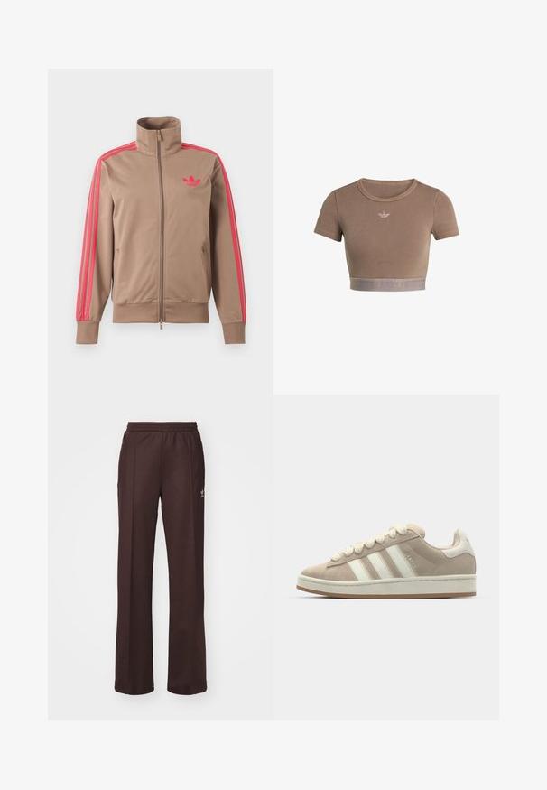 Lichtbruine trackjas met rits en hoge kraag, roze strepen op de mouwen en roze Adidas-logo op de linkerborst.; Bruin geribd crop top met korte mouwen, ronde halslijn en een textuurrand aan de onderkant met een subtiel logopatroon.; Bruine sportieve broek met een elastische tailleband, twee zijzakken en een klein logo aan de linkerzijde, gemaakt van een zachte stof.; Tan suède sneaker met witte leren strepen en veters, rubberen zool, gewatteerde kraag en tekstuurdetails aan de bovenkant.