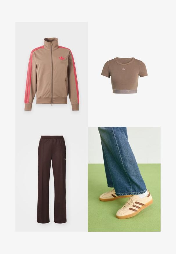 Chaqueta deportiva marrón claro con cremallera y cuello alto, rayas rosas por las mangas y logo rosa de Adidas en el pecho izquierdo.; Top corto marrón acanalado con mangas cortas, escote redondo y una banda texturizada en la parte inferior que presenta un sutil patrón de logo.; Pantalones deportivos marrones con una cinturilla elástica, dos bolsillos laterales y un pequeño logo en el lado izquierdo, hechos de una tela suave.; Zapatillas beige con paneles de crema texturizados y rayas marrones, combinadas con unos jeans de mezclilla azul. Los jeans tienen un corte de pierna ancha y dobladillo deshilachado.