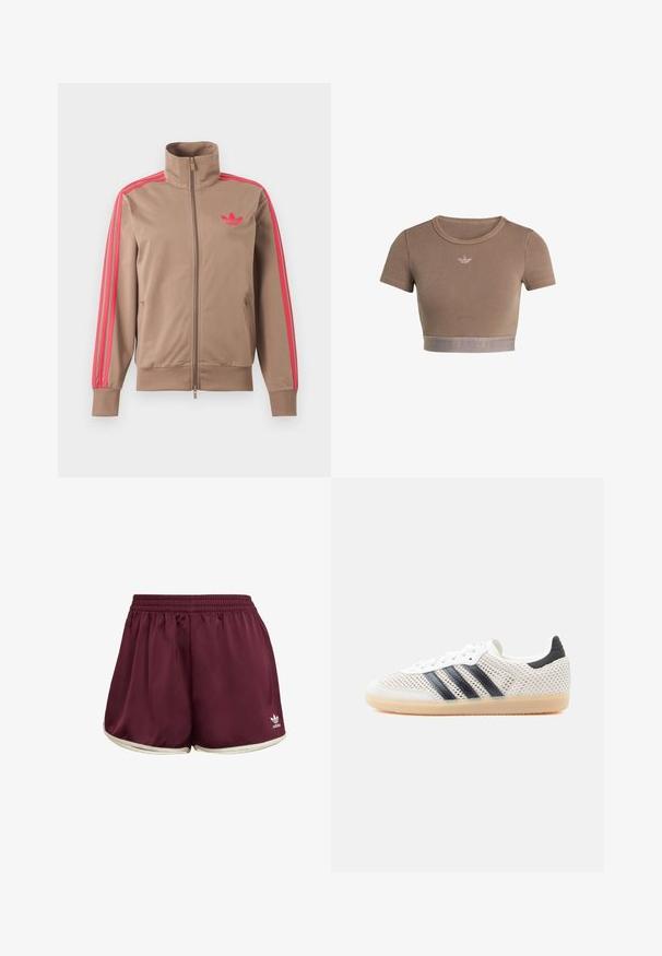Vaaleanruskea vetoketjullinen urheilutakki, jossa korkea kaulus, vaaleanpunaiset raidat hihoissa ja vaaleanpunainen Adidas-logo vasemmassa rinnassa.; Ruskea ribbineulottu lyhyt toppi, jossa on lyhyet hihat, pyöreä pääntie ja pohjassa teksturoitu nauha, jossa on hillitty logokuvio.; adidas Originals SPRINTER - Shortsit - maroon cream white; Valkoiset verkkomateriaalista valmistetut tennarit, joissa musta kolmen raidan kuvio, pyöreä kärki ja kumipohja. Kengissä on pehmeä kantakaulus ja nyöritys.