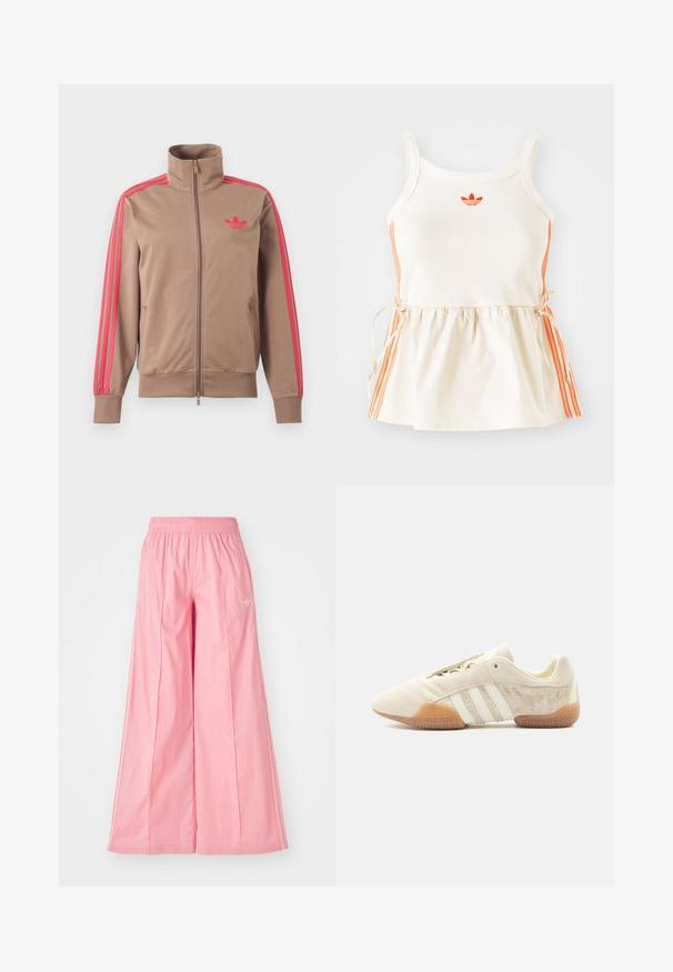 Hellbraune Trainingsjacke mit Reißverschluss und hohem Kragen, pinke Streifen an den Ärmeln und pinkes Adidas-Logo auf der linken Brust.; Cremfarbener Tanktop mit orangefarbenen Seitenstreifen und einem bestickten Logo. Verfügt über einen verstellbaren Kordelzug in der Taille und ein tailliertes Oberteil-Design.; Rosa weit geschnittene Hosen aus einem leichten Stoff, mit einem elastischen Bund und dezenten weißen Seitenstreifen. Kleines Logo auf der Vorderseite.; Flacher beiger Sneaker mit drei weißen Streifen, strukturierten Wildleder-Seitenflächen, Gummisohle und Schnürverschluss vor einfarbigem Hintergrund.