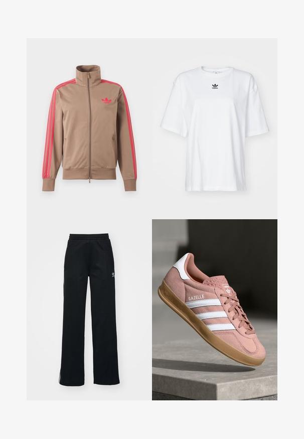 Helepruun lukuga spordijakk kõrge kraega, roosad triibud varrukatel ja roosa Adidas logo vasakul rinnal.; Valge lühikeste varrukatega T-särk, mis on valmistatud puuvillast. Omab ümarat kaelust ja väikest musta Adidas logo rinnal. Otse lõige.; Mustad mustat spordipüksid, vabalt istuv, paelaga talje, külgedel lukuga taskud ja vasakul jalal diskreetne valge brändimine.; Roosa sametist toss, millel on valged triibud, kummist põhi, tekstuuriga pealis ja logo keelel. Klassikaline madal disain.