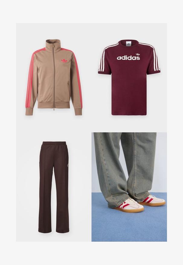 Hellbraune Trainingsjacke mit Reißverschluss und hohem Kragen, pinke Streifen an den Ärmeln und pinkes Adidas-Logo auf der linken Brust.; Maroonfarbenes Baumwoll-T-Shirt mit weißen, gestreiften Ärmeln, das das "adidas"-Logo in Weiß auf der Brust und ein kleines Logo darüber zeigt.; Braune Sporthose mit einem elastischen Bund, zwei Seitentaschen und einem kleinen Logo auf der linken Seite, gefertigt aus weichem Stoff.; Weiße Sneaker mit roten Streifen, Obermaterial aus strukturiertem Canvas, runde Zehenpartie, flache Gummisohle, kombiniert mit lockeren, ausgebleichten blauen Jeanshosen.
