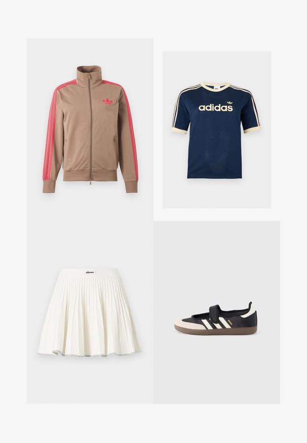 Veste de survêtement marron clair zippée avec col montant, bandes roses sur les manches et logo Adidas rose sur le côté gauche de la poitrine.; T-shirt à manches courtes en mesh bleu marine Adidas avec bordure crème, trois bandes crème sur les manches et logo Adidas sur la poitrine.; Jupe de tennis plissée blanche avec une large ceinture arborant un petit patch logo ellesse au centre devant.; Baskets noires et beiges avec une bride en velcro, trois bandes blanches sur le côté, et une semelle en caoutchouc marron texturée. Logo de la marque visible.