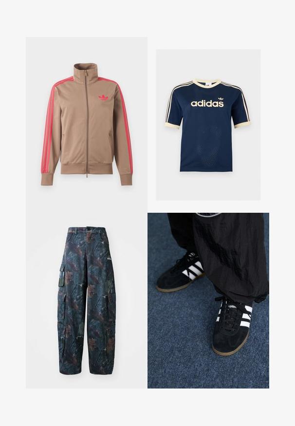 Svetlohnedá športová bunda na zips s vysokým golierom, ružové pruhy na rukávoch a ružové logo Adidas na ľavej strane hrude.; Tmavomodré Adidas sieťované tričko s krátkym rukávom s krémovým lemom, troma krémovými pruhmi na rukávoch a logom Adidas na hrudi.; Maskáčové cargo nohavice v tmavozeleno-hnedej farbe, s viacerými vreckami a voľným strihom, vyrobené z ľahkej a odolnej tkaniny.; Čierne roháčiky z semišu so tromi bielymi pruhmi a čiernymi šnúrkami. Texturované čierne nohavice sú čiastočne viditeľné vedľa topánok.