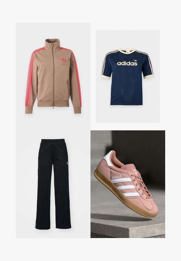 Svetlohnedá športová bunda na zips s vysokým golierom, ružové pruhy na rukávoch a ružové logo Adidas na ľavej strane hrude.; Tmavomodré Adidas sieťované tričko s krátkym rukávom s krémovým lemom, troma krémovými pruhmi na rukávoch a logom Adidas na hrudi.; Čierne športové nohavice so voľným strihom, s viazaním v páse, bočnými zipsovými vreckami a diskrétnym bielym logom na ľavej nohe.; Ružové semišové tenisky s bielymi pruhmi, gumovou podrážkou, textúrovaným vrchom a logom na jazykovej části. Klasický nízkoprofilový dizajn.