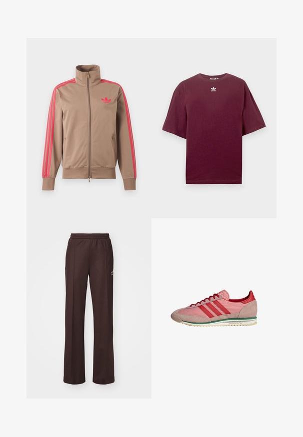 Hellbraune Trainingsjacke mit Reißverschluss und hohem Kragen, pinke Streifen an den Ärmeln und pinkes Adidas-Logo auf der linken Brust.; Burgunderrotes Baumwoll-T-Shirt mit rundem Ausschnitt und kurzen Ärmeln, mit einem weißen Adidas-Logo in der Mitte auf der Brust. Glatte Textur.; Braune Sporthose mit einem elastischen Bund, zwei Seitentaschen und einem kleinen Logo auf der linken Seite, gefertigt aus weichem Stoff.; Pink-rote Adidas-Sneaker mit Wildleder an Zehen- und Fersenpartie, roten Schnürsenkeln, grünem Streifen über der weißen Sohle, seitlich betrachtet.