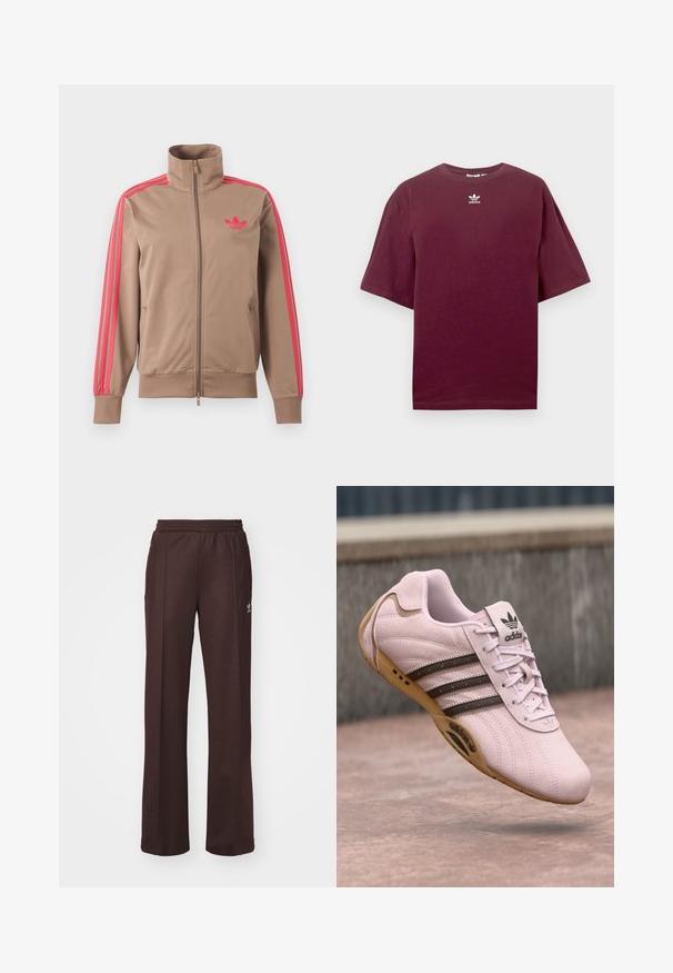 Lysebrun trackjakke med lynlås og høj krave, lyserøde striber ned ad ærmerne og lyserødt Adidas-logo på venstre bryst.; Bourgognefarvet bomulds-T-shirt med rund hals og korte ærmer, med en hvid Adidas-logo centreret på brystet. Glat tekstur.; Brune træningsbukser med elastisk talje, to sidelommer og et lille logo på venstre side, lavet af et blødt stof.; Lyserød ruskinds træningssko med gummisål, der har tre mørke striber, snørebånd og Adidas-logo på tungen. Rundet tådesign.