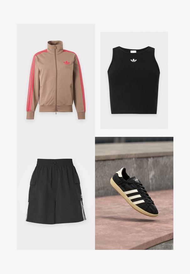 Helepruun lukuga spordijakk kõrge kraega, roosad triibud varrukatel ja roosa Adidas logo vasakul rinnal.; Mustast soonikangast varrukateta lühike top ümar kaelusega ja väikese valge Adidas trefoil logoga kaeluse lähedal keskel.; Mustad must shorts kergest materjalist, elastse vöökoha, nöörkinnise, küljetaskute ja valgete küljeribadega.; Must Adidas tennisejalats valgete triipude ja beežika tallaga, õhus kivipinnast ja kivimüürist taustal pildistatud.