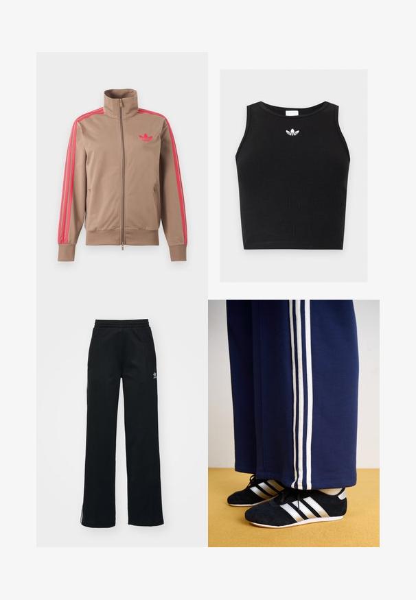 Helepruun lukuga spordijakk kõrge kraega, roosad triibud varrukatel ja roosa Adidas logo vasakul rinnal.; Mustast soonikangast varrukateta lühike top ümar kaelusega ja väikese valge Adidas trefoil logoga kaeluse lähedal keskel.; Mustad mustat spordipüksid, vabalt istuv, paelaga talje, külgedel lukuga taskud ja vasakul jalal diskreetne valge brändimine.; Tumesinised spordipüksid kolme valge vertikaalse triibuga ja mustad športlikud kingad hõbedaste triipudega ning tekstuuriga pinnaga. Kollane põrand.