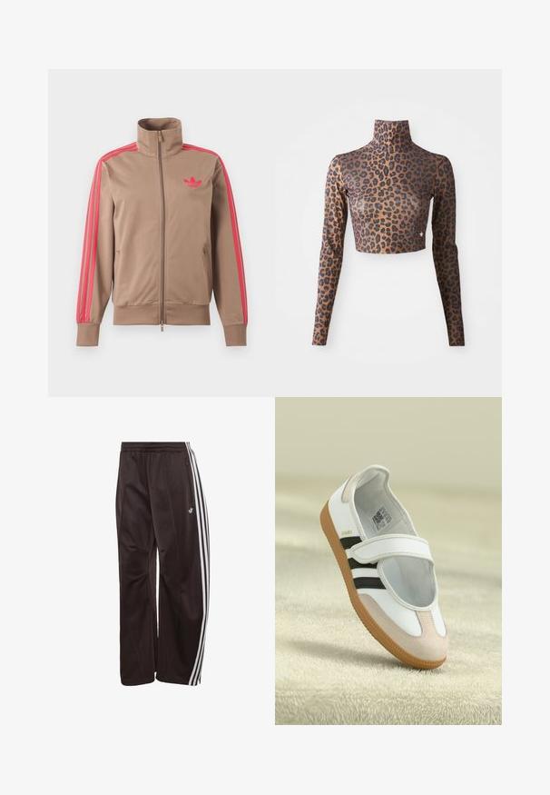 Lysebrun trackjakke med lynlås og høj krave, lyserøde striber ned ad ærmerne og lyserødt Adidas-logo på venstre bryst.; Langærmet cropped top med leopardprint i brune og sorte farver, med høj hals og glat, sleek tekstur. Diskret logo-detalje ved kanten.; Sorte Adidas træningsbukser med hvide tre striber ned langs siderne, elastisk linning, sidelomme med lynlås og Adidas-logo på venstre ben.; Hvid sko med en lyserød ruskindforfod, sorte striber og en velcrorem. Har en lys gummi sål og et logo på siden.