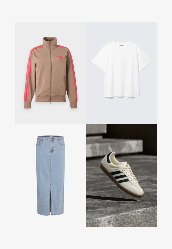 Hellbraune Trainingsjacke mit Reißverschluss und hohem Kragen, pinke Streifen an den Ärmeln und pinkes Adidas-Logo auf der linken Brust.; Weißes T-Shirt mit kurzen Ärmeln, Rundhalsausschnitt und entspanntem Schnitt mit einem "WEEKDAY" Etikett an der Innenseite des hinteren Halsbereichs.; Hellblaue Denim-Rock, knielang, mit einem Schlitz vorne, Gürtelschlaufen und einem metallischen Knopfverschluss mit kontrastierenden Nähten.; Weißer Adidas Samba Sneaker mit schwarzen Streifen und Gummisohle, schwebend über strukturierten grauen Betontreppen.
