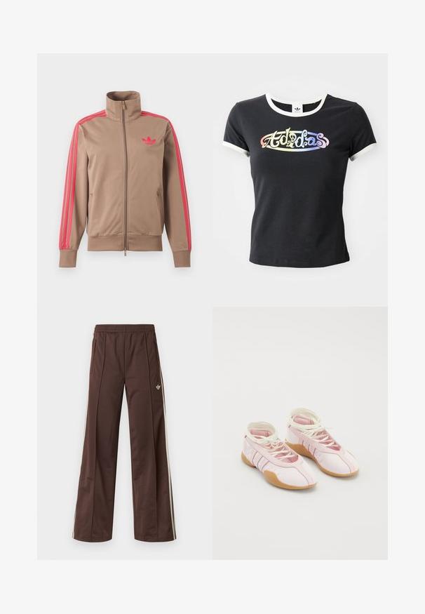 Lichtbruine trackjas met rits en hoge kraag, roze strepen op de mouwen en roze Adidas-logo op de linkerborst.; Zwarte katoenen t-shirt met witte geribbelde kraag en mouwen. Beschikt over een kleurrijk, gestileerd "Adidas"-logo op de voorkant.; Bruine sportbroek met een wijd uitlopende pijp, witte zijstrepen, een elastische tailleband en twee zijzakken. Heeft een klein logo op het been.; Roze canvas schoenen met een zachte textuur, voorzien van een vetersluiting en een ondergrond van gumrubber. Decoratieve accenten en drie strepen aan de zijkant.