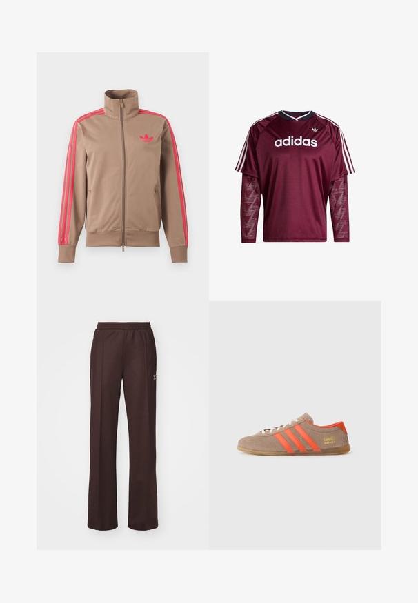 Chaqueta deportiva marrón claro con cremallera y cuello alto, rayas rosas por las mangas y logo rosa de Adidas en el pecho izquierdo.; Camiseta de manga larga Adidas color granate con mangas de malla, logo blanco y rayas en los hombros, cuello en blanco y negro, vista frontal.; Pantalones deportivos marrones con una cinturilla elástica, dos bolsillos laterales y un pequeño logo en el lado izquierdo, hechos de una tela suave.; Zapatillas de ante marrón con tres rayas naranjas brillantes, parte frontal con cordones y el logo dorado "Gazelle" en el lateral. Suela de goma plana.
