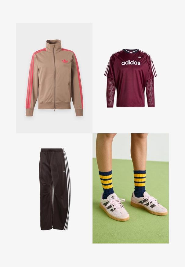 Lichtbruine trackjas met rits en hoge kraag, roze strepen op de mouwen en roze Adidas-logo op de linkerborst.; Donkerrode Adidas longsleeve met mouwen van mesh, wit logo en strepen op de schouders, zwarte en witte kraag, voorkant gezien.; Zwarte Adidas trainingsbroek met witte drie strepen langs de zijkanten, elastische tailleband, zijzak met rits en Adidas-logo op het linkerbeen.; Lichtroze suède sneakers met zwarte strepen en rubberen gummizolen, gecombineerd met marineblauwe en gele gestreepte rib sokken. Groene gestructureerde vloer.