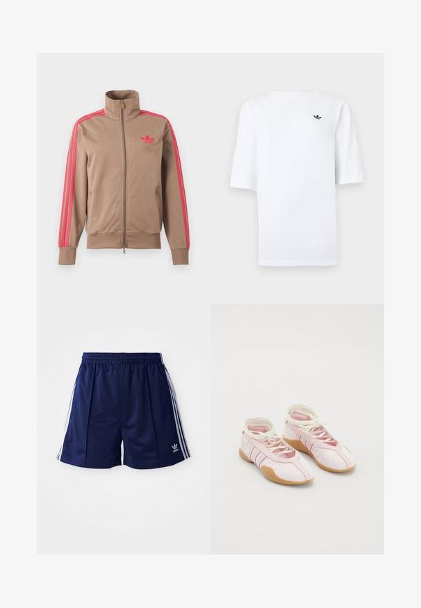 Svetlohnedá športová bunda na zips s vysokým golierom, ružové pruhy na rukávoch a ružové logo Adidas na ľavej strane hrude.; Biele tričko Adidas s krátkymi rukávmi a malým čiernym logom trefoil na ľavej strane hrudníka.; Námorné športové šortky vyrobené z ľahkého materiálu, s bielymi bočnými pruhmi a vyšívaným logom na dolnej ľavej strane. Elastický pás.; Ružové plátené tenisky s jemnou textúrou, s dizajnom na šnurovanie a gumovou podrážkou. Dekoratívne akcenty a tri pruhy na boku.