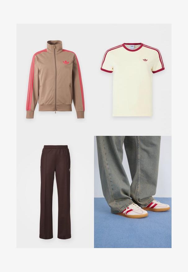 Svetlohnedá športová bunda na zips s vysokým golierom, ružové pruhy na rukávoch a ružové logo Adidas na ľavej strane hrude.; Krémové krátke tričko Adidas s červeným rebrovaným golierom, koncami rukávov, tromi červenými pruhmi na ramenách a červeným logom Adidas trefoil na hrudi.; Hnedé športové nohavice s elastickým pásom, dvoma bočnými vreckami a malým logom na ľavej strane, vyrobené z mäkkej látky.; Biele tenisky s červenými pruhmi, textúrovaný plátený zvršok, zaoblená špička, plochá gumená podrážka, skombinované s voľnými, vyblednutými modrými džínsami.