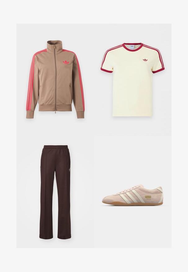 Svetlohnedá športová bunda na zips s vysokým golierom, ružové pruhy na rukávoch a ružové logo Adidas na ľavej strane hrude.; Krémové krátke tričko Adidas s červeným rebrovaným golierom, koncami rukávov, tromi červenými pruhmi na ramenách a červeným logom Adidas trefoil na hrudi.; Hnedé športové nohavice s elastickým pásom, dvoma bočnými vreckami a malým logom na ľavej strane, vyrobené z mäkkej látky.; adidas Originals TOKYO - Tenisky - quartz/off white