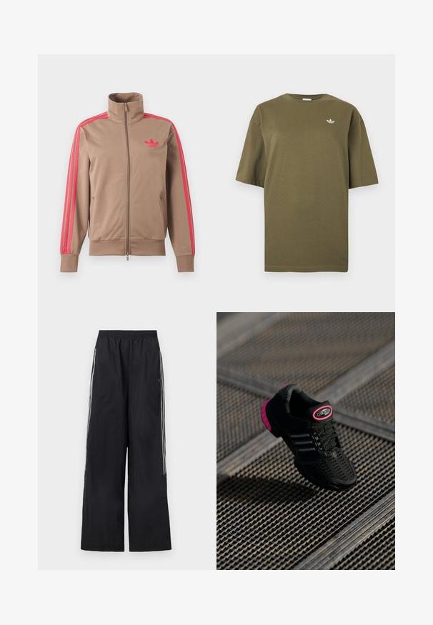 Chaqueta deportiva marrón claro con cremallera y cuello alto, rayas rosas por las mangas y logo rosa de Adidas en el pecho izquierdo.; Camiseta de manga corta color verde oliva con cuello redondo y pequeño logotipo blanco de trébol de Adidas en el lado izquierdo del pecho.; Pantalones de chándal negros de pierna ancha con cinturilla elástica y tres rayas blancas a cada lado de cada pierna.; Zapatilla deportiva negra con parte superior de malla, acentos en rosa y detalles en negro a rayas. Presenta una suela con textura y una etiqueta de logo en el talón.