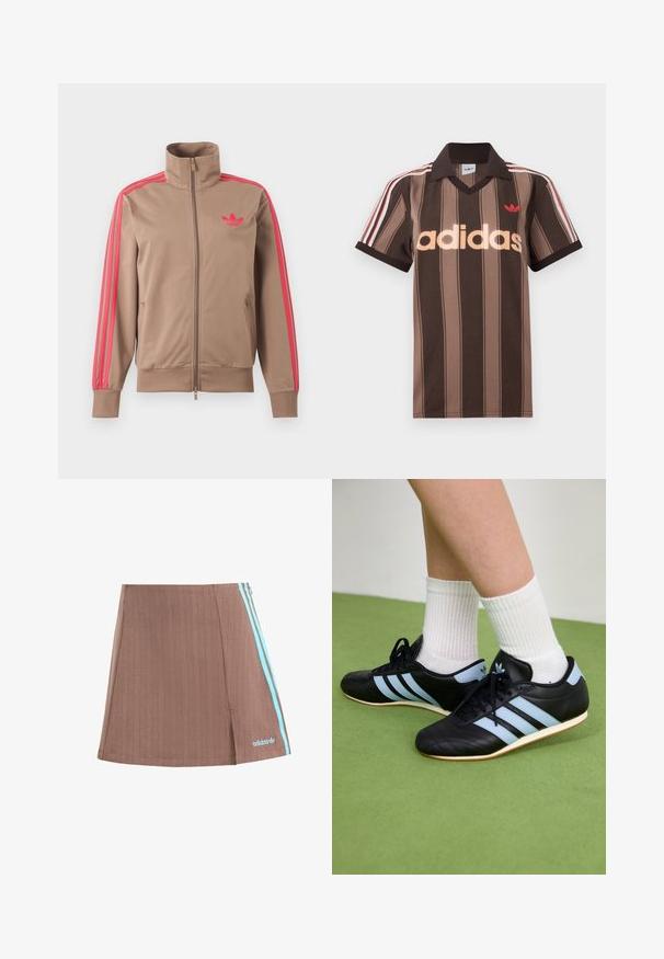 Lysebrun trackjakke med lynlås og høj krave, lyserøde striber ned ad ærmerne og lyserødt Adidas-logo på venstre bryst.; Brunstribet Adidas polo-shirt med V-hals, bordeaux krave og rødt logo. Har hvide og røde skulderstriber samt korte ærmer.; Brun plisseret skort med blå sidelister og logo. Har et rent design, subtil tekstur og en lige kant.; Sorte lædersportssko med lyseblå striber, teksturerede overdele og gummisko, parret med hvidt ribbet sokker på grønne gulve.