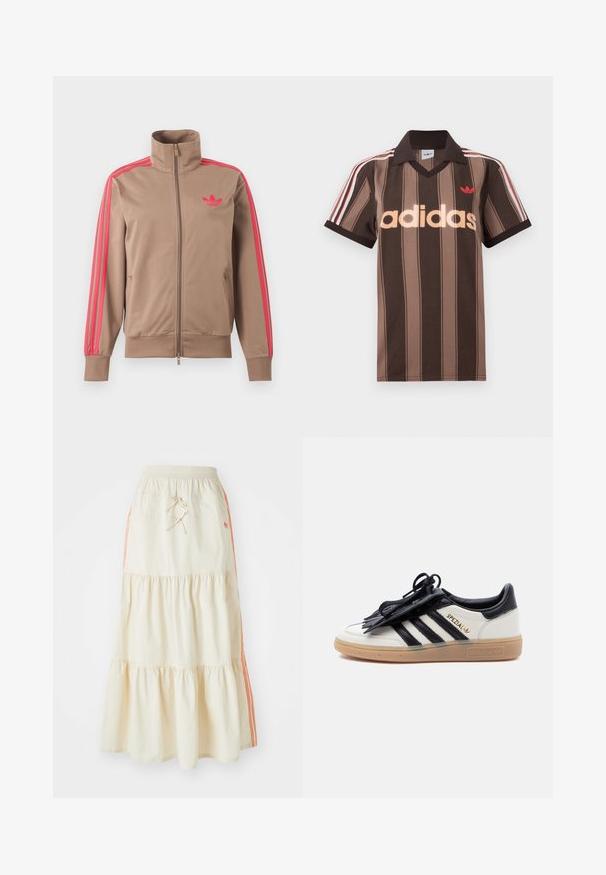 Svetlohnedá športová bunda na zips s vysokým golierom, ružové pruhy na rukávoch a ružové logo Adidas na ľavej strane hrude.; Hnedé prúžkované polo tričko Adidas s výstrihom do V, bordovým golierom a červeným logom. Má bielo-červené pruhy na ramenách a krátke rukávy.; Svetlo krémová midi sukňa v tierovanom štýle s elastickým pásom a šnúrkou na stiahnutie. Má oranžové bočné pruhy a mäkkú, hladkú bavlnenú textúru.; Biely a čierny teniska Adidas Spezial s gumovou podrážkou, čiernymi pruhmi a čiernym krytom na šnúrkach na jednoduchom svetlom pozadí.