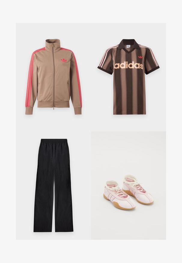 Vaaleanruskea vetoketjullinen urheilutakki, jossa korkea kaulus, vaaleanpunaiset raidat hihoissa ja vaaleanpunainen Adidas-logo vasemmassa rinnassa.; Ruskearaidallinen Adidas-pikeepaita, jossa on V-aukko, viininpunainen kaulus ja punainen logo. Paidassa on valkoiset ja punaiset olkapääraidat sekä lyhyet hihat.; Mustat leveälahkeiset housut, joissa on joustava vyötärönauha ja jotka on valmistettu kevyestä kankaasta. Ne on asetettu tasaisesti vaalealle pohjalle.; Vaaleanpunaiset kangaskengät, joissa on pehmeä pinta, nauhakiinnitys ja kumipohja. Koristetehosteet ja kolme raitaa sivussa.