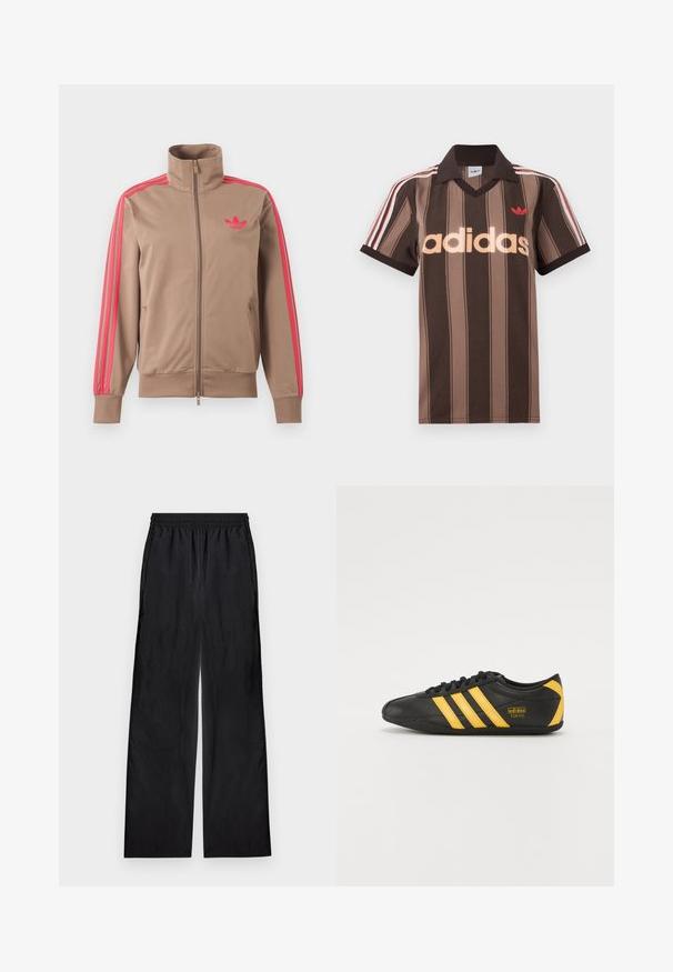 Lysebrun trackjakke med lynlås og høj krave, lyserøde striber ned ad ærmerne og lyserødt Adidas-logo på venstre bryst.; Brunstribet Adidas polo-shirt med V-hals, bordeaux krave og rødt logo. Har hvide og røde skulderstriber samt korte ærmer.; Sorte bukser med vide ben og elastik i taljen, lavet af letvægtsstof, vist fladt på en lys baggrund.; Sort lædersportssko med gult tre-stribe design, rund tå, sorte snørebånd og lille logo på siden. Lavprofil silhuet.