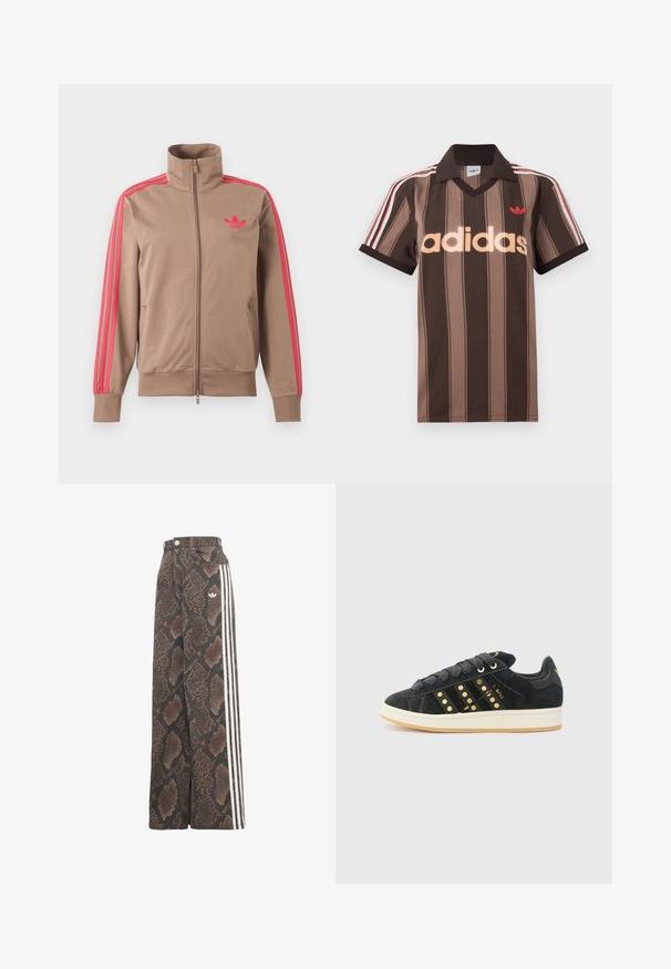 Lysebrun trackjakke med lynlås og høj krave, lyserøde striber ned ad ærmerne og lyserødt Adidas-logo på venstre bryst.; Brunstribet Adidas polo-shirt med V-hals, bordeaux krave og rødt logo. Har hvide og røde skulderstriber samt korte ærmer.; Bukser med brede ben med brunt og sort slangeskindsmønster, med hvidt tre-stribet sidestykke og Adidas trefoil logo på hoften.; adidas Originals CAMPUS 00S W - Sneakers - core black/carbon/gold-coloured