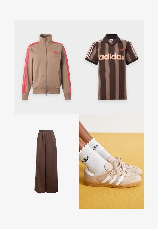 Vaaleanruskea vetoketjullinen urheilutakki, jossa korkea kaulus, vaaleanpunaiset raidat hihoissa ja vaaleanpunainen Adidas-logo vasemmassa rinnassa.; Ruskearaidallinen Adidas-pikeepaita, jossa on V-aukko, viininpunainen kaulus ja punainen logo. Paidassa on valkoiset ja punaiset olkapääraidat sekä lyhyet hihat.; adidas Originals Verryttelyhousut - auburn cream white; Beige nahkarenkaita, joissa on valkoiset raidat ja kultainen brändäys, yhdistetty valkoisten läppäripsien kanssa, joissa on musta logo. Teksturoidut kumipohjat.