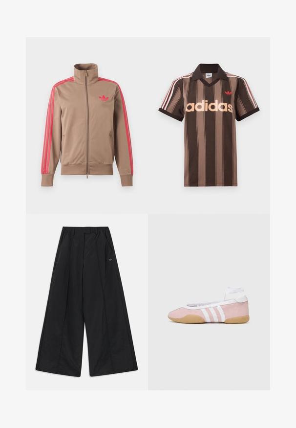 Lysebrun trackjakke med lynlås og høj krave, lyserøde striber ned ad ærmerne og lyserødt Adidas-logo på venstre bryst.; Brunstribet Adidas polo-shirt med V-hals, bordeaux krave og rødt logo. Har hvide og røde skulderstriber samt korte ærmer.; Sorte bukser med vidde i benene, sidelommer, bæltestropper, forreste folder og en lille Adidas-logo på højre side.; adidas Originals TAEKWONDO MEI BALLET - Sneakers - clear pink/ftwr white/gum