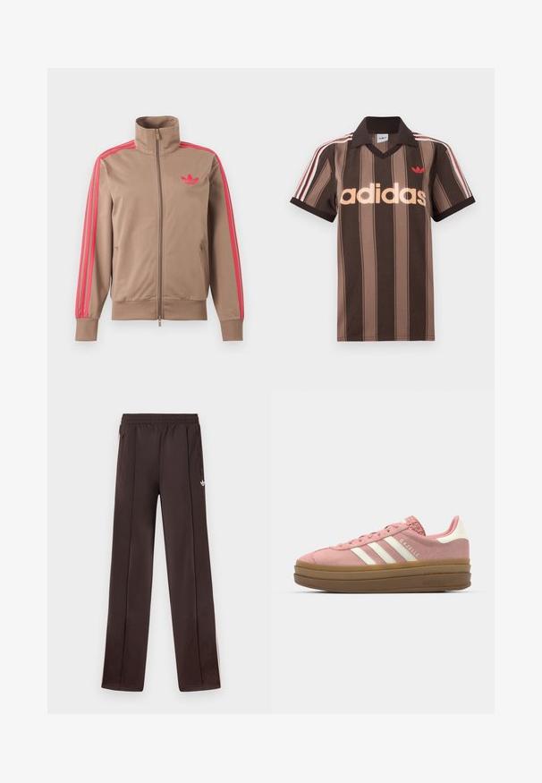 Svetlohnedá športová bunda na zips s vysokým golierom, ružové pruhy na rukávoch a ružové logo Adidas na ľavej strane hrude.; Hnedé prúžkované polo tričko Adidas s výstrihom do V, bordovým golierom a červeným logom. Má bielo-červené pruhy na ramenách a krátke rukávy.; Tmavohnedé tepláky Adidas s elastickým pásom, bočnými vreckami so zipsom a malým bielym logom Trefoil na pravom stehne.; adidas Originals GAZELLE BOLD - Tenisky - mauve/off white