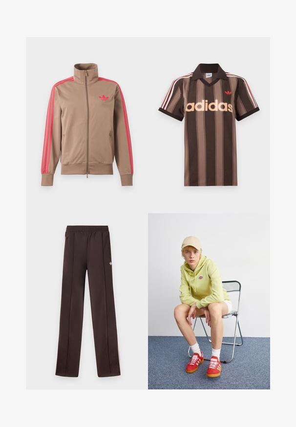 Helepruun lukuga spordijakk kõrge kraega, roosad triibud varrukatel ja roosa Adidas logo vasakul rinnal.; Pruunide triipudega Adidas polotee, V-kaelusega, bordeau krae ja punase logoga. Omad valge ja punase triibuga õlad ning lühikesed varrukad.; Tumedat pruunid Adidas jooksepüksid elastse vöökohaga, külgedel lukuga taskud ja väike valge Trefoil logo paremal reiel.; Hele roheline kapuutsiga särgiga, valged lühikesed püksid, punased tossud valgete triipudega, istub kroomitud kokkuklapitaval toolil neutraalse tausta ees.