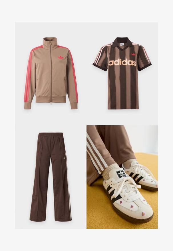 Chaqueta deportiva marrón claro con cremallera y cuello alto, rayas rosas por las mangas y logo rosa de Adidas en el pecho izquierdo.; Polo Adidas marrón con rayas, cuello en V, cuello burdeos y logo rojo. Presenta rayas blancas y rojas en los hombros, mangas cortas.; Pantalones deportivos marrones con diseño de pierna ancha, franjas laterales blancas, cintura elástica y dos bolsillos laterales. Presentan un pequeño logo en la pierna.; Zapatillas de piel blanca con tres rayas negras y bordado floral en púrpura y amarillo. Suela de goma marrón. Combinadas con calcetines beige con canalé.