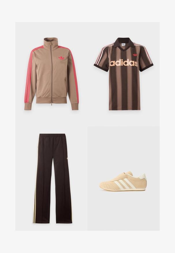Chaqueta deportiva marrón claro con cremallera y cuello alto, rayas rosas por las mangas y logo rosa de Adidas en el pecho izquierdo.; Polo Adidas marrón con rayas, cuello en V, cuello burdeos y logo rojo. Presenta rayas blancas y rojas en los hombros, mangas cortas.; Pantalones de chándal negros con rayas amarillas laterales, cintura elástica, bolsillos laterales con cremallera y un pequeño logo en el muslo superior.; Zapatillas deportivas en tono marrón y crema con un acabado de cuero suave, tres rayas blancas en el lateral y una puntera redondeada. Parte superior texturizada con perforaciones.