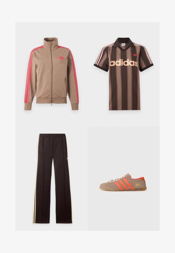 Lysebrun trackjakke med lynlås og høj krave, lyserøde striber ned ad ærmerne og lyserødt Adidas-logo på venstre bryst.; Brunstribet Adidas polo-shirt med V-hals, bordeaux krave og rødt logo. Har hvide og røde skulderstriber samt korte ærmer.; Sorte træningsbukser med gule sidelister, elastisk taljebånd, lynlåslommer i siderne og en lille logo på den øvre lår.; Brune ruskinds sneakers med tre klare orange striber, snørebånd foran og gyldent "Gazelle" branding på siden. Flad gummi sål.