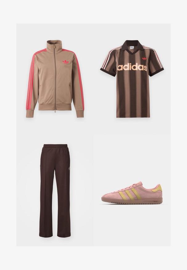 Hellbraune Trainingsjacke mit Reißverschluss und hohem Kragen, pinke Streifen an den Ärmeln und pinkes Adidas-Logo auf der linken Brust.; Braunes gestreiftes Adidas-Poloshirt mit V-Ausschnitt, bordeauxrotem Kragen und rotem Logo. Mit weißen und roten Schulterstreifen, kurzen Ärmeln.; Braune Sporthose mit einem elastischen Bund, zwei Seitentaschen und einem kleinen Logo auf der linken Seite, gefertigt aus weichem Stoff.; Rosa Wildleder-Sneaker mit drei gelben Streifen, runder Spitze und strukturiertem Gummisohle. Niedriges Profil mit gepolstertem Kragen.